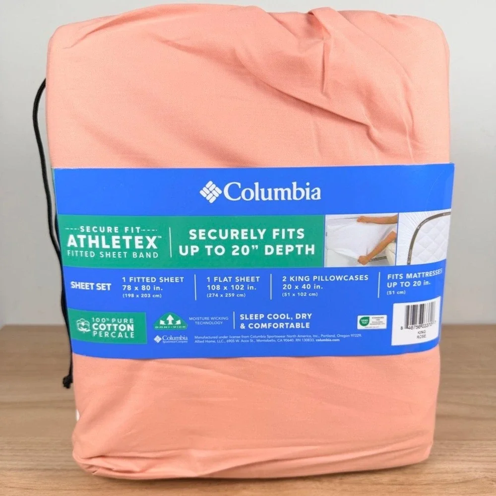 Columbia Breathable 100% Cotton Percale Sheet Set King Rose 4 Pc Omni-Wick NEW